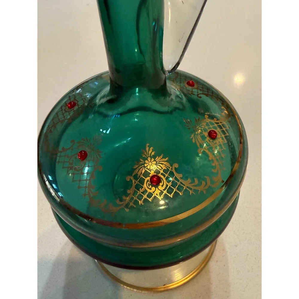 Vintage Venetian Emerald Green Glass Decanter Gold Gilt Jeweled‎ Cruet Stopper